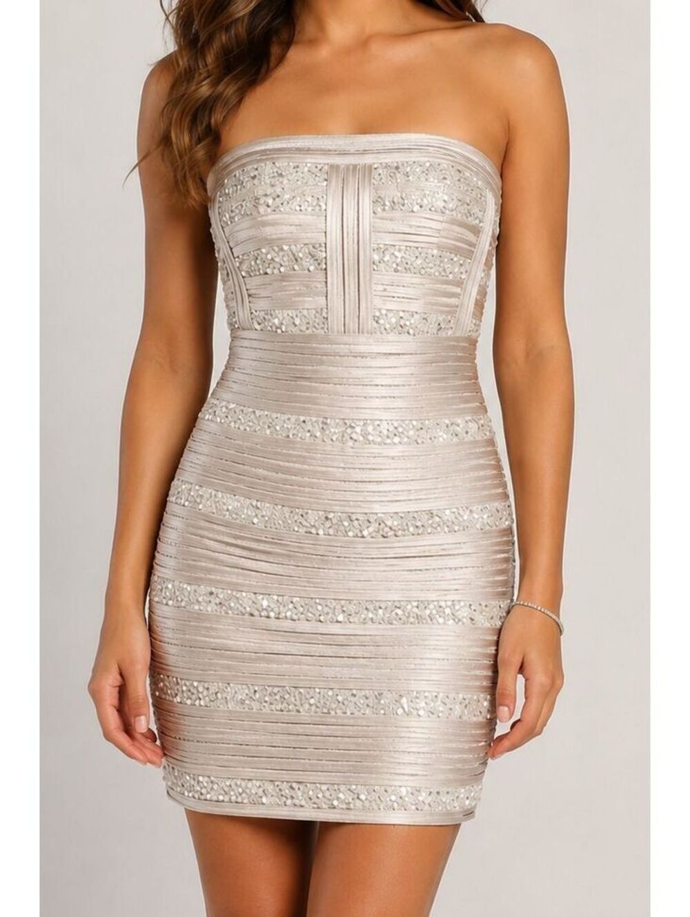 BCBGMAXAZRIA Rebecca Strapless Sequin Cocktail Dress – Whisper / Ivory Beige 4